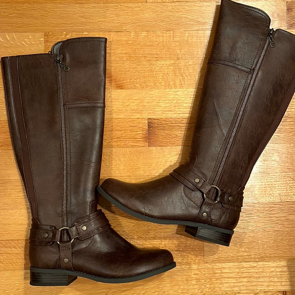 G by Guess Womens Haydin Leather Closed Toe Over Knee, Dark Brown, Size 8